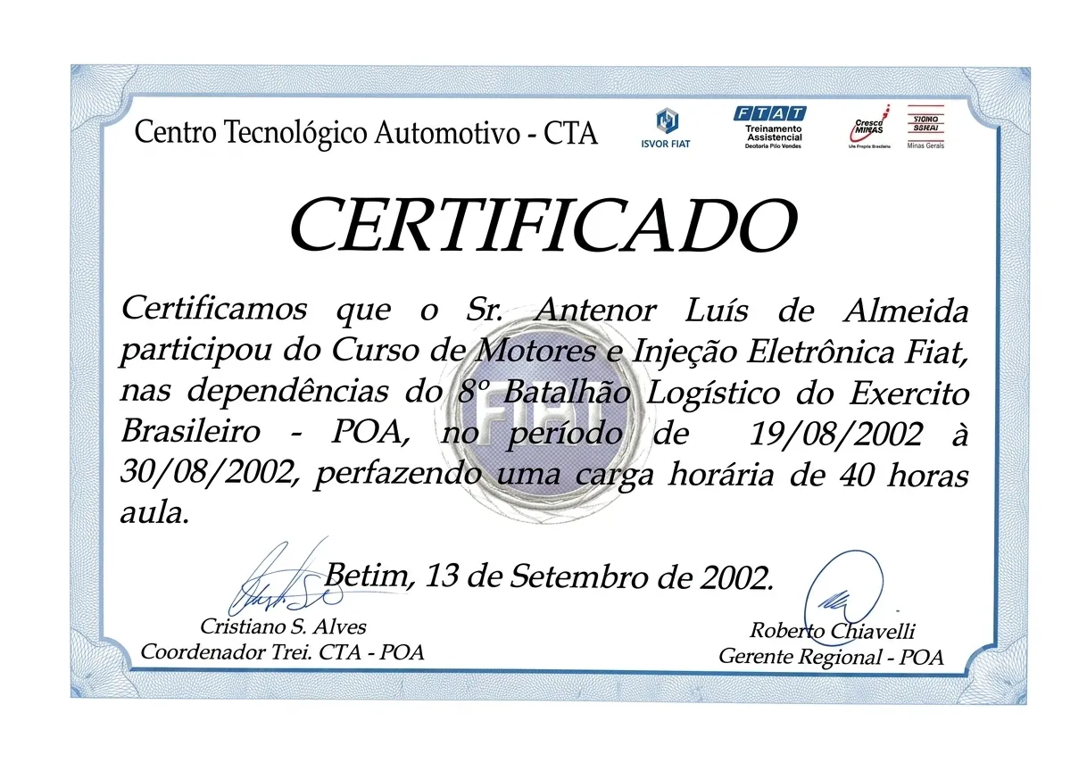 Certificado do curso de Motores e Injeção Eletrônica Fiat pelo Centro Tecnológico Automotivo / ISVOR Fiat, 2002