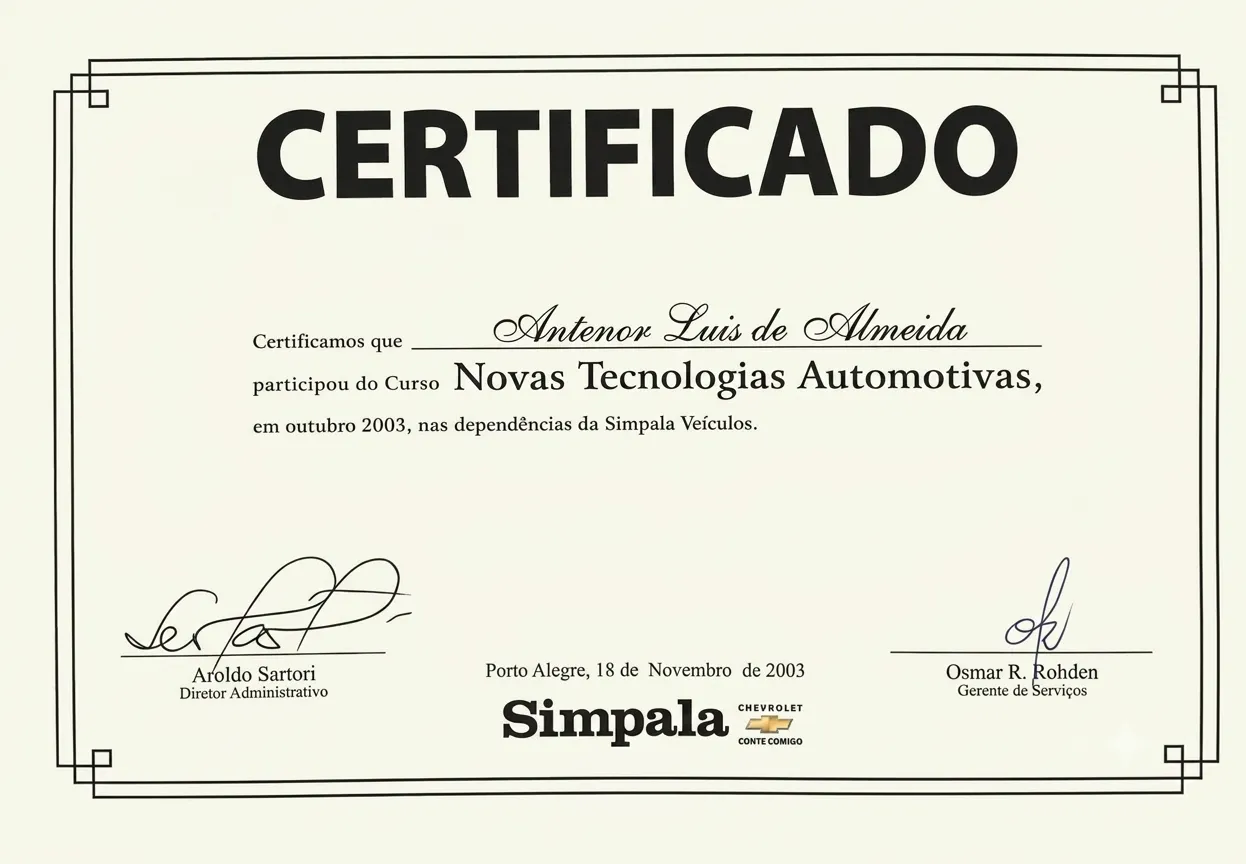Certificado do curso Novas Tecnologias Automotivas realizado na Simpala Veículos (Chevrolet), 2003