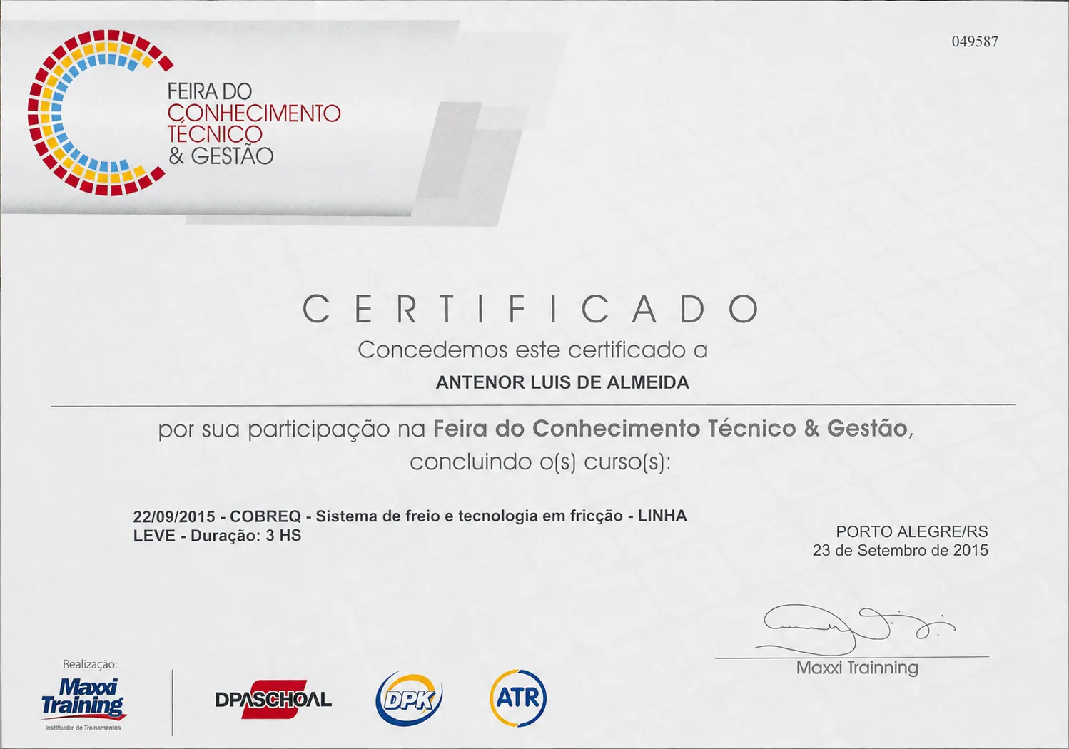 Certificado do curso de Sistema de Freio e Tecnologia em Fricção (COBREQ), Feira do Conhecimento Técnico / Maxxi Training, 2015