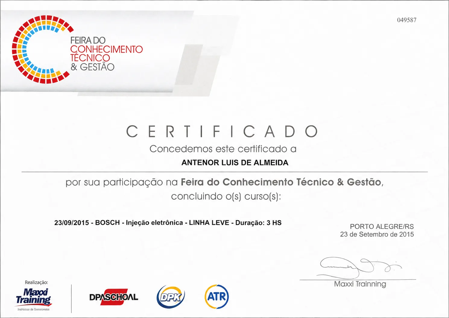 Certificado do curso de Injeção Eletrônica de linha leve (BOSCH), Feira do Conhecimento Técnico / Maxxi Training, 2015