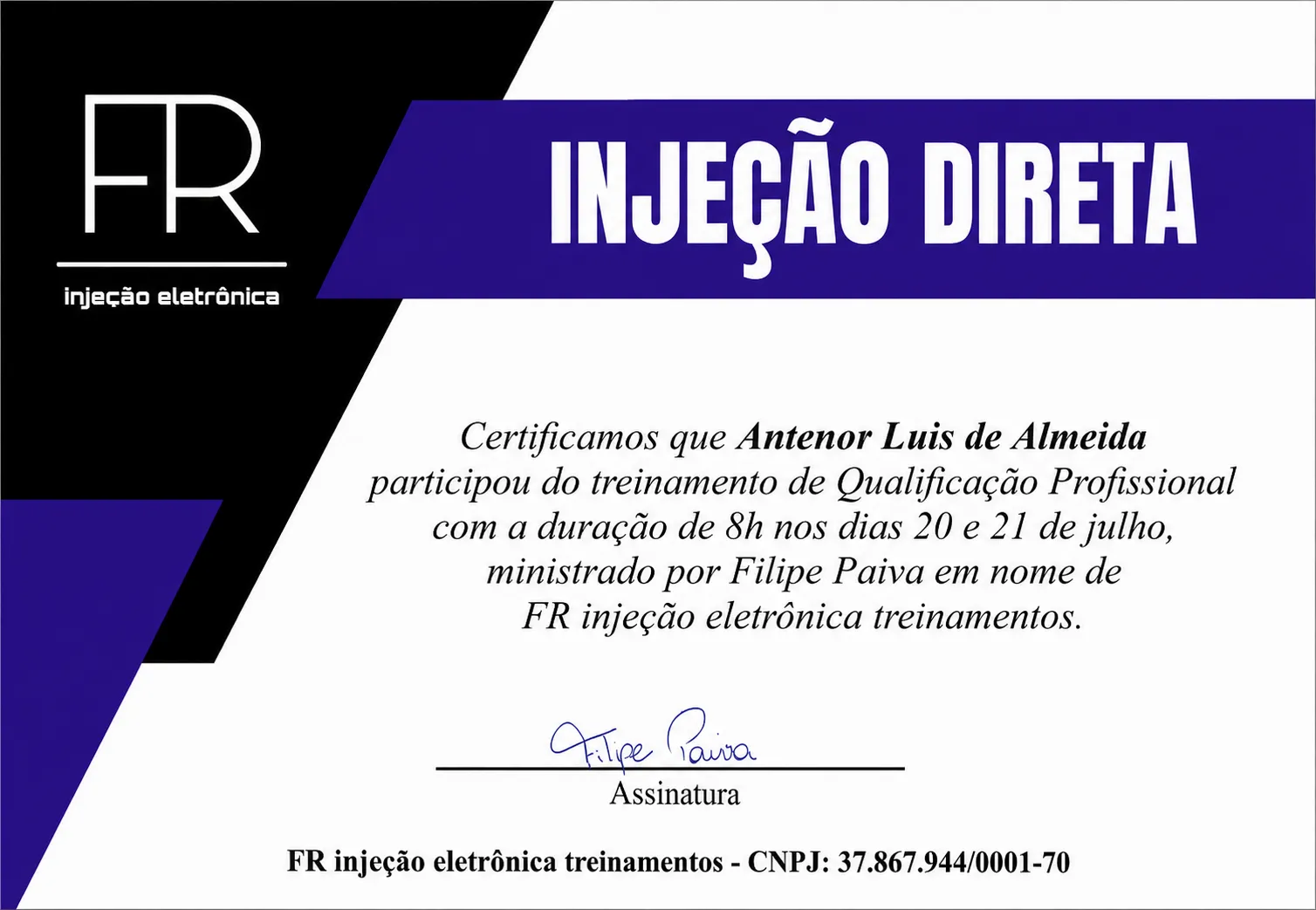 Certificado do treinamento de Injeção Direta pela FR Injeção Eletrônica